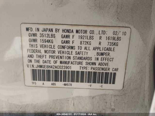 2010 HONDA FIT SPORT VIN: JHMGE8H42AC023901