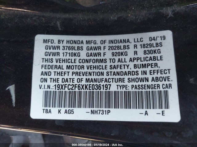 Honda Civic Lx 2019 19XFC2F6XKE036197 Image 9