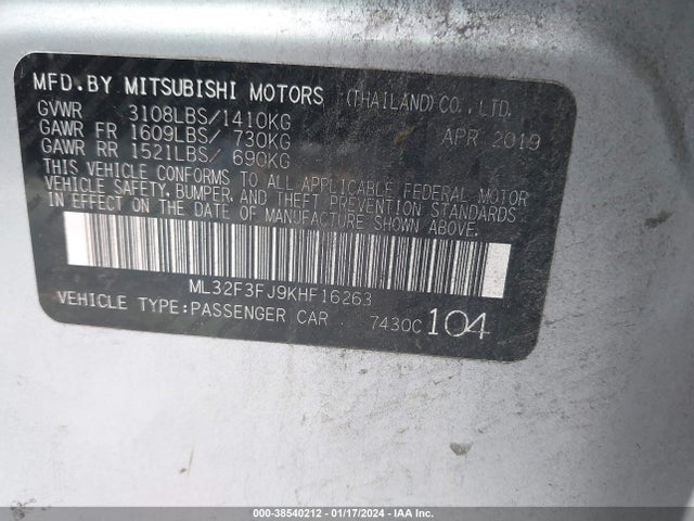 2019 MITSUBISHI MIRAGE G4 ES VIN: ML32F3FJ9KHF16263