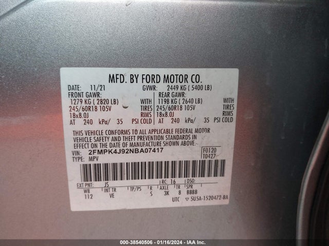 2022 FORD EDGE SEL VIN: 2FMPK4J92NBA07417