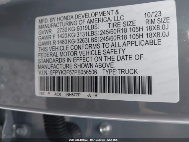 5FPYK3F57PB056506 Honda Ridgeline Rtl