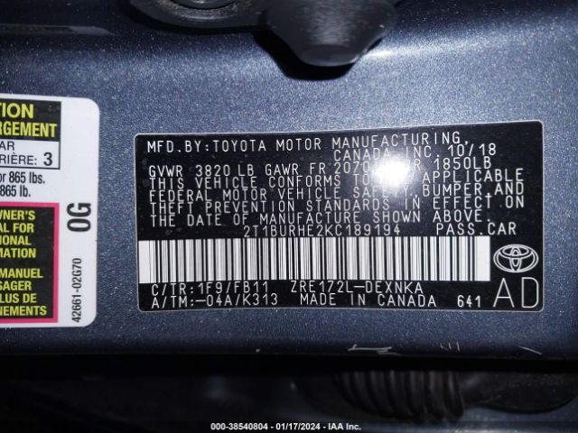 2T1BURHE2KC189194 Toyota COROLLA LE
