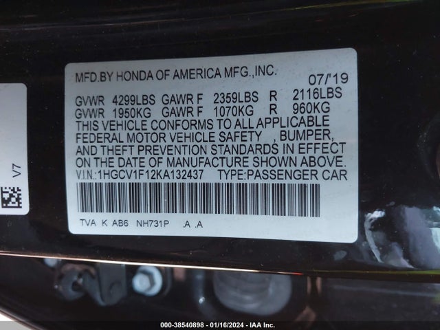 Honda ACCORD LX 2019 1HGCV1F12KA132437 Image 9