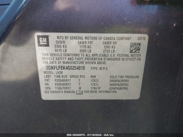 Chevrolet EQUINOX LT 2016 2GNFLFEK4G6254818 Image 9