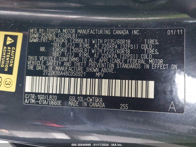 2011 LEXUS RX 350 VIN: 2T2ZK1BA4BC050921
