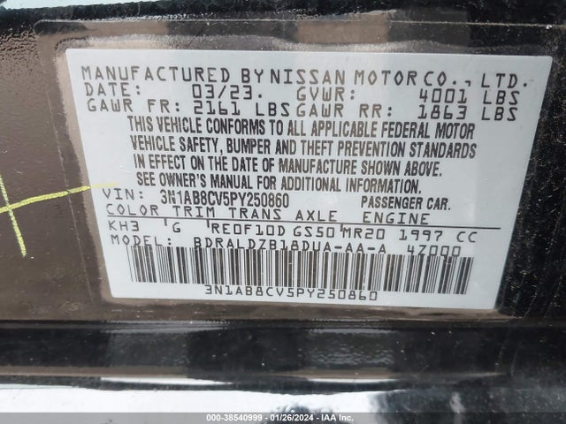 2023 NISSAN SENTRA SV XTRONIC CVT VIN: 3N1AB8CV5PY250860