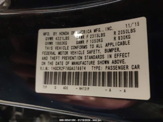 Honda ACCORD EX 2016 1HGCR2F78GA078874 Image 9