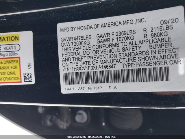2020 HONDA ACCORD SPORT VIN: 1HGCV1F3XLA146847