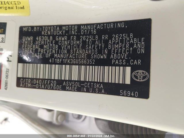 2016 TOYOTA CAMRY SE VIN: 4T1BF1FK3GU566352