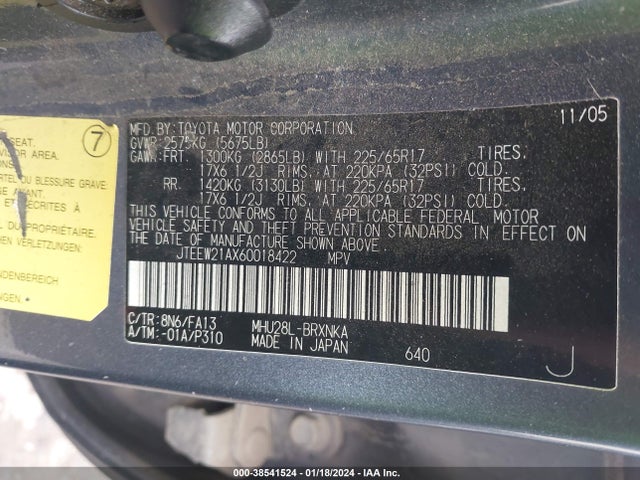 2006 TOYOTA HIGHLANDER HYBRID V6 VIN: JTEEW21AX60018422