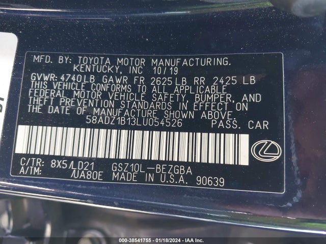 2020 LEXUS ES 350 VIN: 58ADZ1B13LU054526