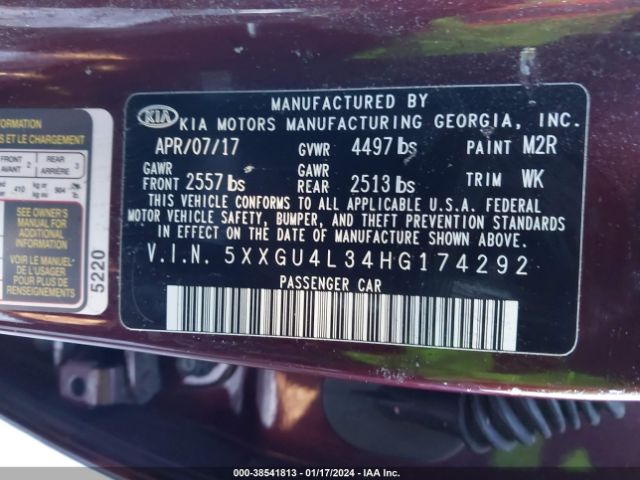 5XXGU4L34HG174292 KIA OPTIMA EX