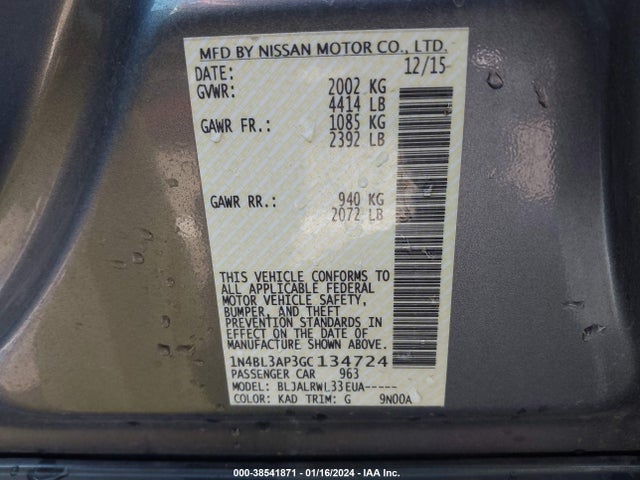 2016 NISSAN ALTIMA 3.5 SL/3.5 SR VIN: 1N4BL3AP3GC134724