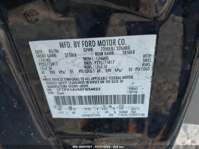 2006 FORD F-150 FX4/LARIAT/XL/XLT VIN: 1FTPX14V66FB54823