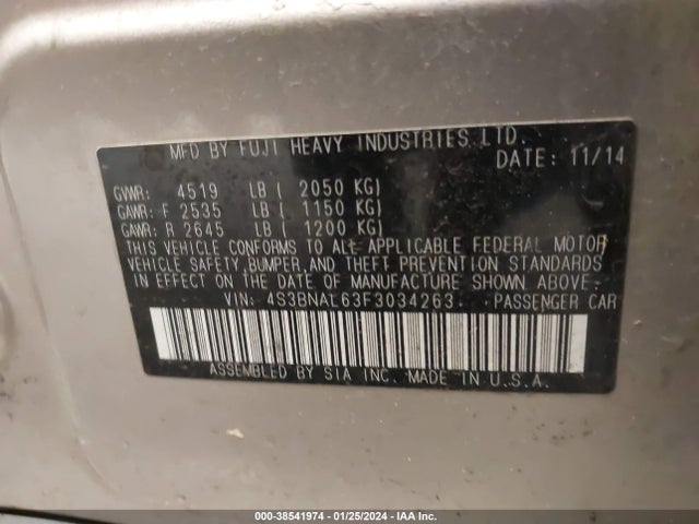 Subaru Legacy 2.5i Limited 2015 4S3BNAL63F3034263 Image 9