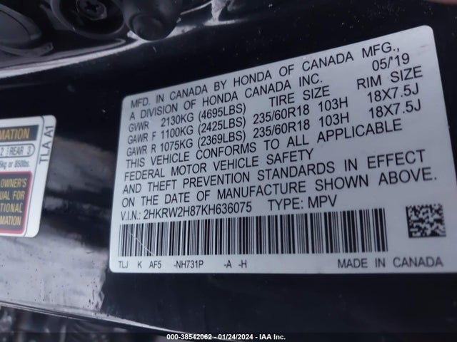 Honda Cr-v Ex-l 2019 2HKRW2H87KH636075 Image 9