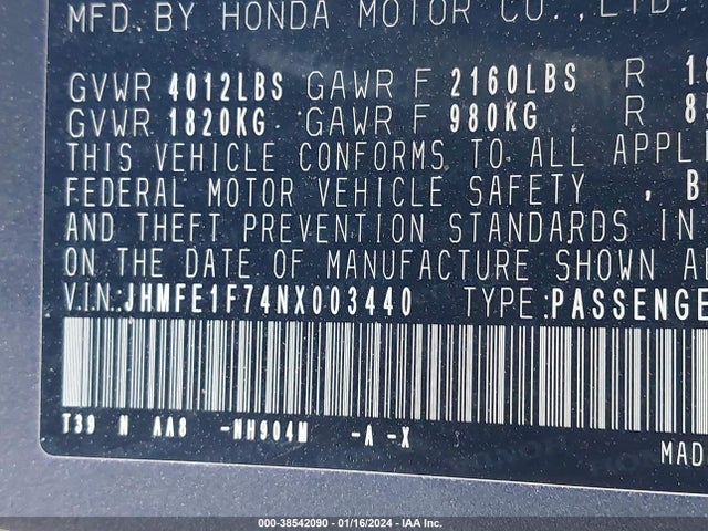 2022 HONDA CIVIC EX VIN: JHMFE1F74NX003440