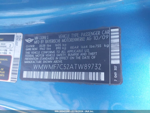2010 MINI COOPER S WMWMF7C52ATW89732 Photo 8