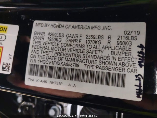 Honda ACCORD EX 2019 1HGCV1F4XKA058789 Image 9