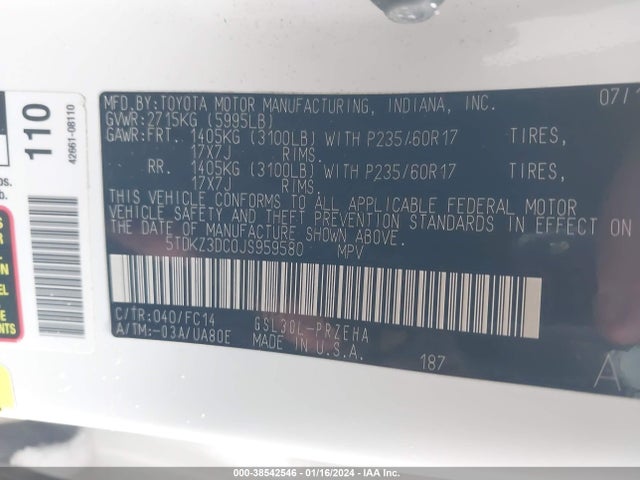 2018 TOYOTA SIENNA LE 8 PASSENGER VIN: 5TDKZ3DC0JS959580
