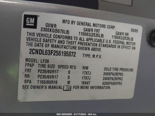 2005 CHEVROLET EQUINOX LT VIN: 2CNDL63F256195072