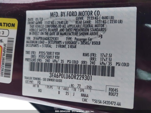 2013 FORD FUSION HYBRID SE VIN: 3FA6P0LU6DR229301