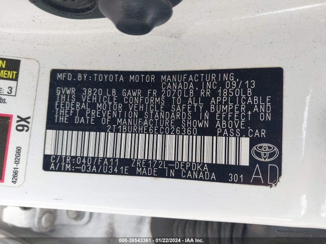 2014 TOYOTA COROLLA L VIN: 2T1BURHE6EC026360