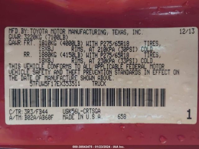 5TFUW5F17EX353511 Toyota Tundra Sr5 5.7l V8