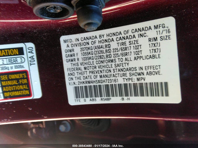 Honda CR-V EX 2016 2HKRM4H5XGH723161 Image 9