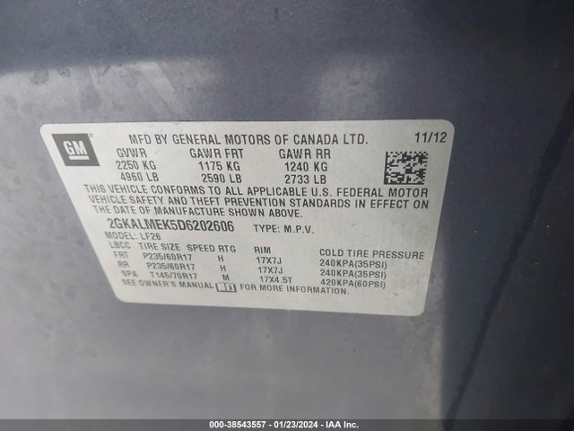 2013 GMC TERRAIN SLE-1 VIN: 2GKALMEK5D6202606