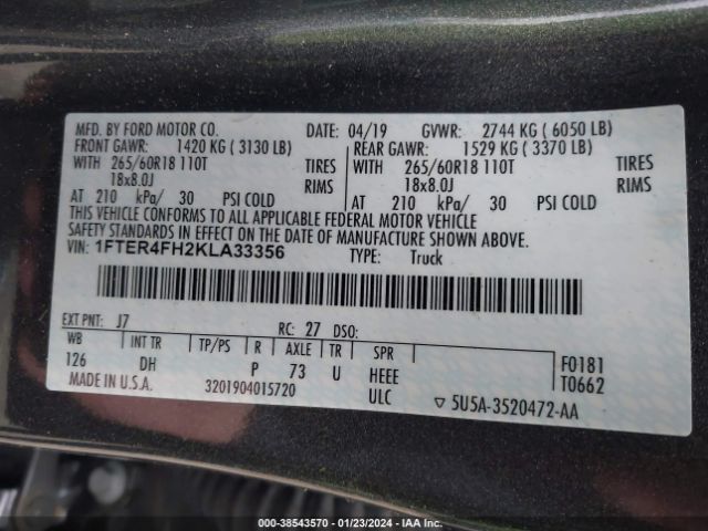 1FTER4FH2KLA33356 Ford Ranger Lariat