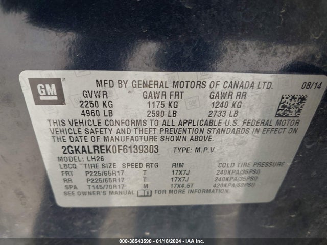 GMC Terrain Sle-2 2015 2GKALREK0F6139303 Image 9