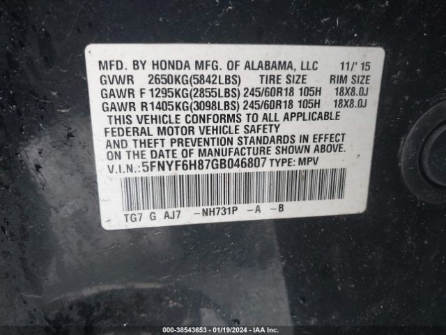 5FNYF6H87GB046807 Honda Pilot Ex-l