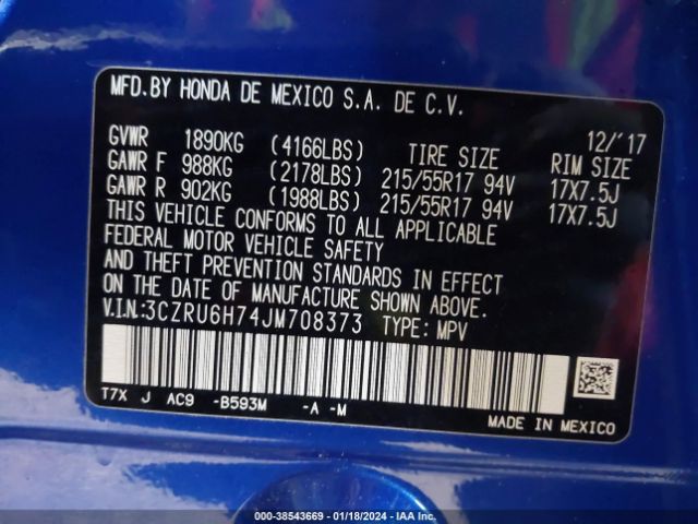 3CZRU6H74JM708373 Honda Hr-v Ex-l