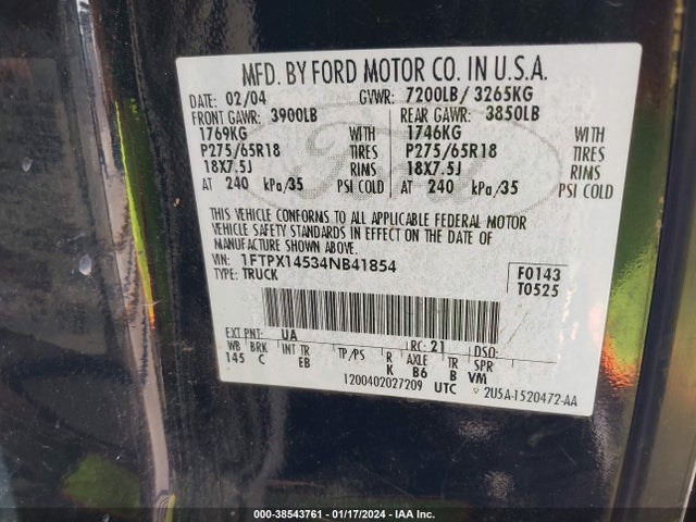 2004 FORD F-150 FX4/LARIAT/XL/XLT VIN: 1FTPX14534NB41854