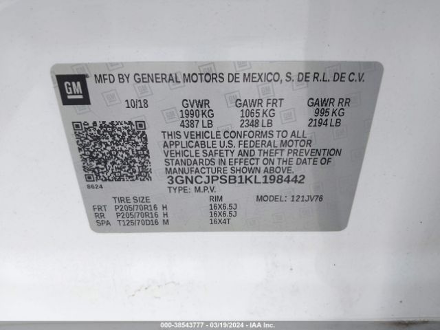 3GNCJPSB1KL198442 Chevrolet Trax Lt