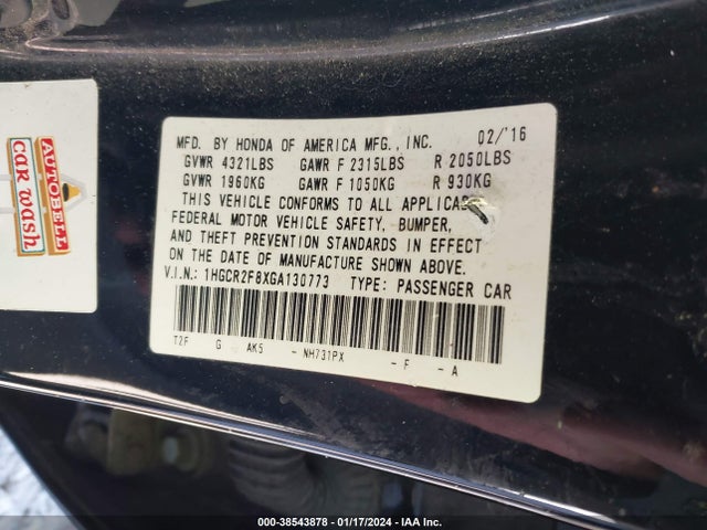 Honda Accord Ex-l 2016 1HGCR2F8XGA130773 Image 9