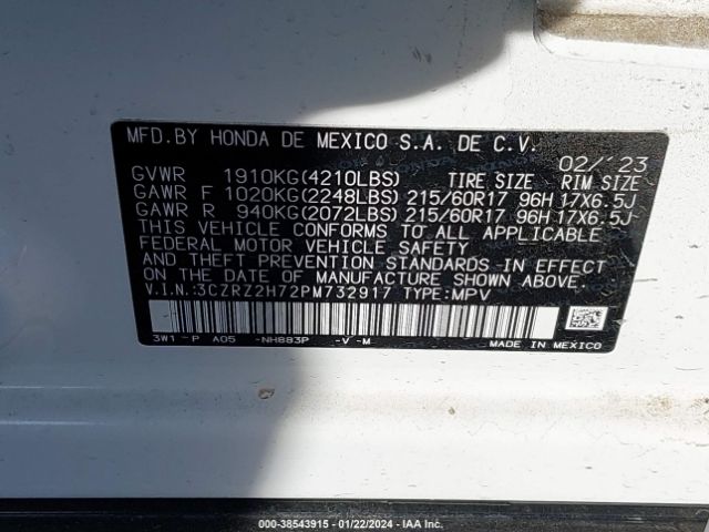 3CZRZ2H72PM732917 Honda Hr-v Awd Ex-l