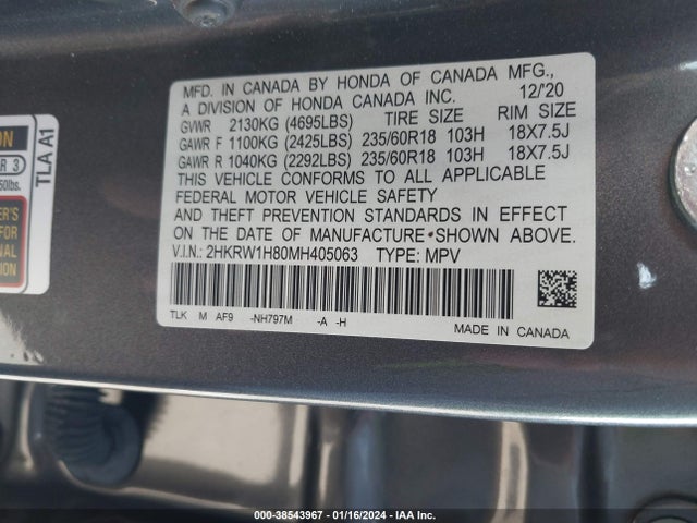 2021 HONDA CR-V 2WD EX-L VIN: 2HKRW1H80MH405063