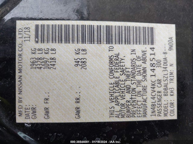 Nissan Altima 2.5 Sr 2019 1N4BL4CV4KC148514 Image 9