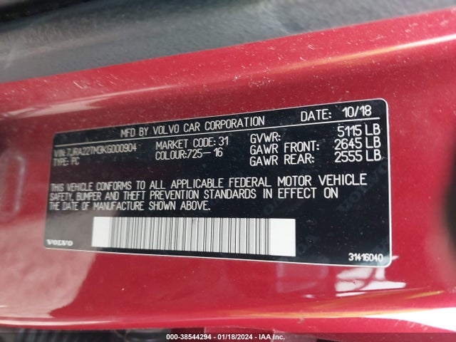 2019 VOLVO S60 T6 R-DESIGN VIN: 7JRA22TM3KG000904