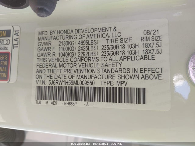 Honda Cr-v 2wd Ex 2021 5J6RW1H59ML009550 Image 9