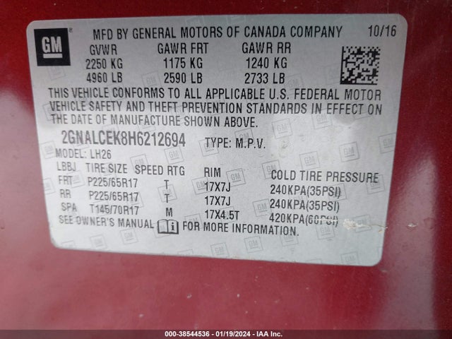2017 CHEVROLET EQUINOX LT VIN: 2GNALCEK8H6212694