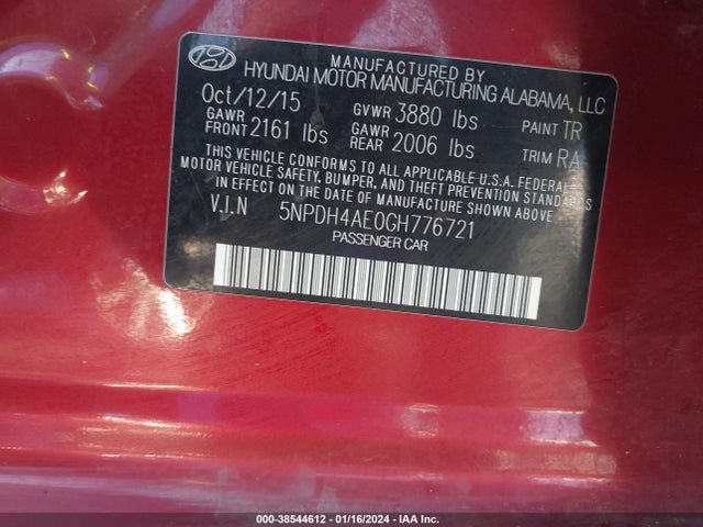 2016 HYUNDAI ELANTRA SE VIN: 5NPDH4AE0GH776721
