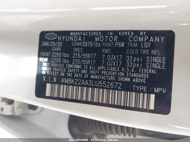 2020 HYUNDAI KONA SEL VIN: KM8K22AA3LU552672