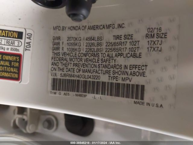 5J6RM4H40GL043220 Honda CR-V SE