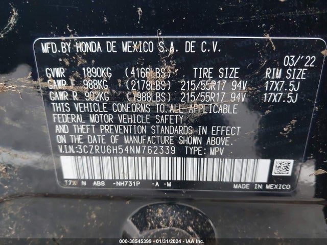 Honda Hr-v Awd Ex 2022 3CZRU6H54NM762339 Image 9