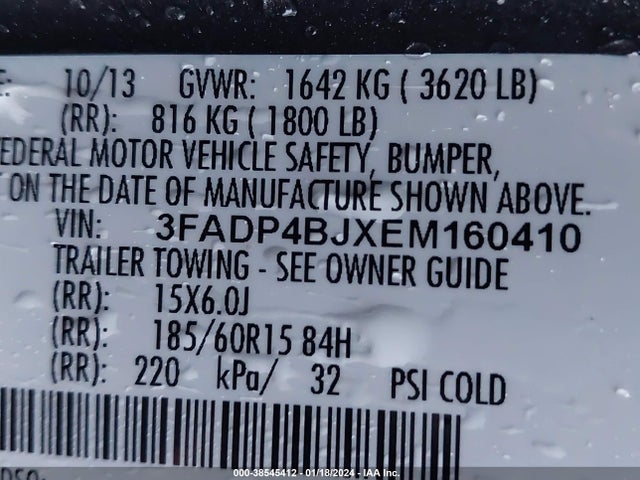 2014 FORD FIESTA SE VIN: 3FADP4BJXEM160410