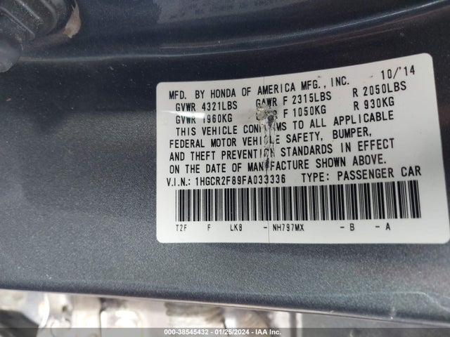 Honda Accord Ex-l 2015 1HGCR2F89FA033336 Image 9