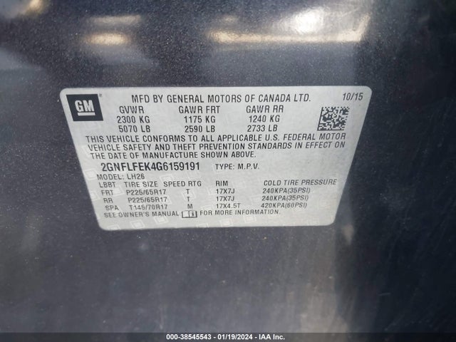 Chevrolet EQUINOX LT 2016 2GNFLFEK4G6159191 Image 9